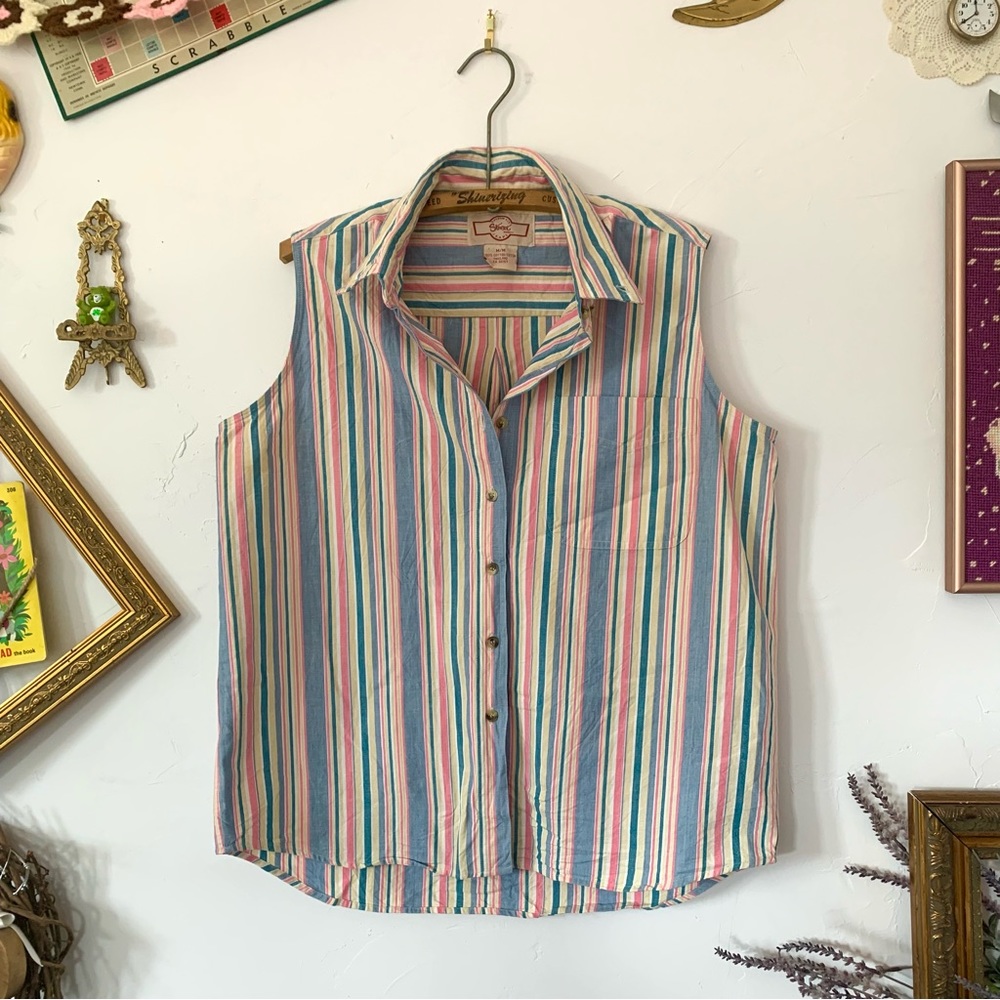 Vintage Sleeveless Unisex Vest Candy Pastel Pint Stripe Sleeveless Button Up XL